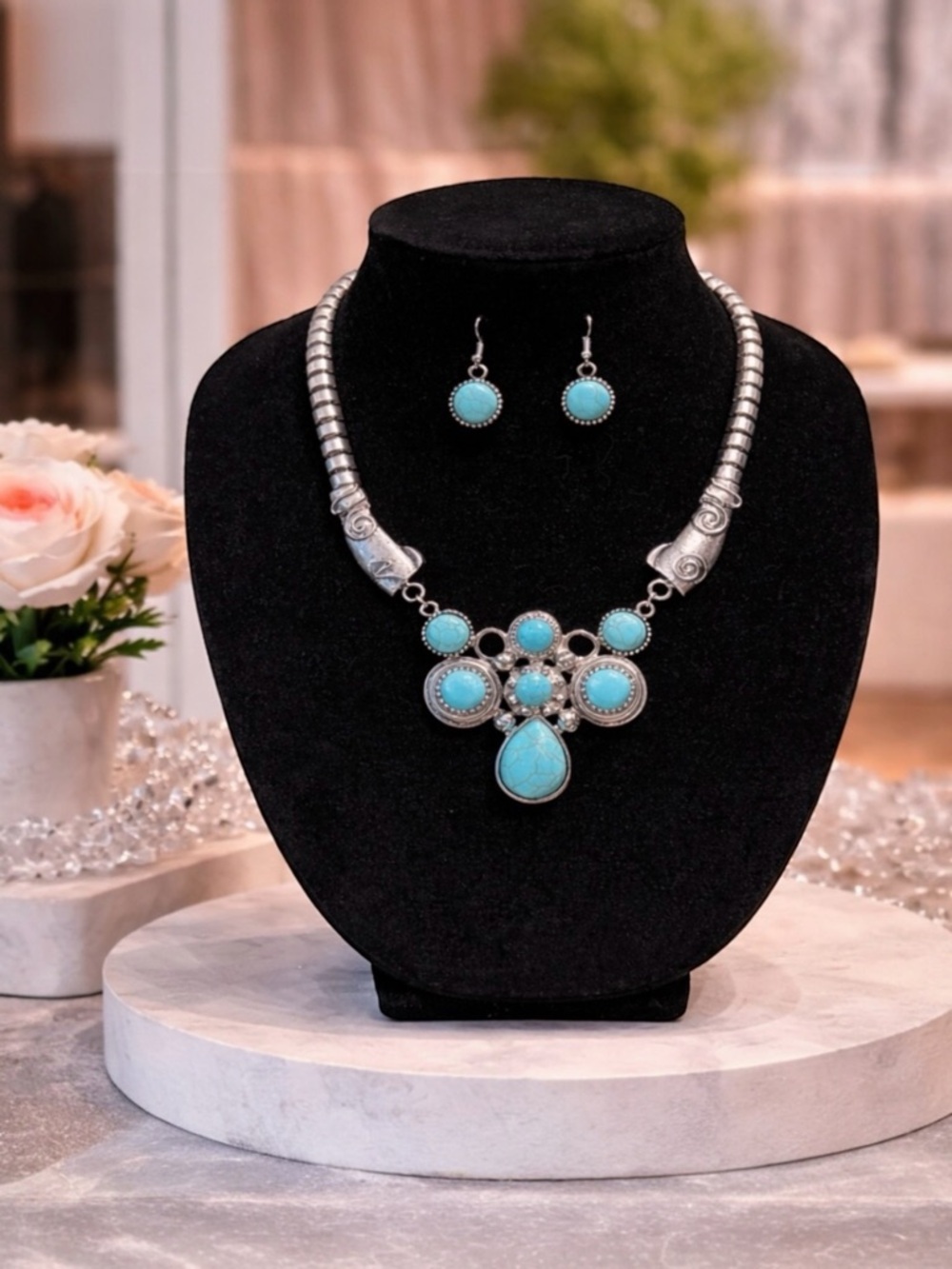 Turquoise Statement Necklace & Earring Set Silver Tone Boho Festive Western Wear